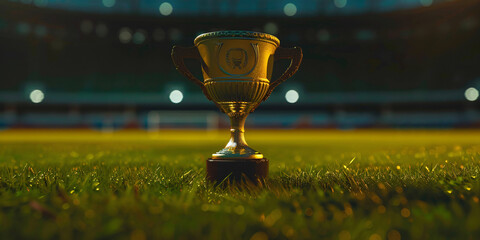 Winning soccer trophy positioned on field with majestic stadium in distance
