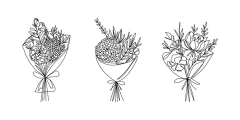 Flower bouquets continuous one line drawing set. Romantic floral natural decorative elements for greeting cards, wedding invitations. Vector collection