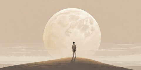 Person stands on top of a hill looking at a big white moon