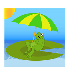Grenouille assise sur un nénuphar sous un parasol sous ciel bleu et soleil - 784330049