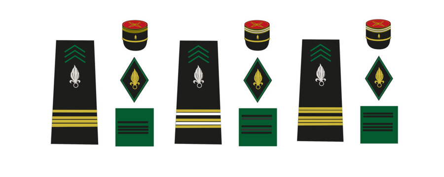 Ensemble des galons de l'armée de terre française, légion étrangère: officier supérieur, commandant, lieutenant-colonel, colonel
