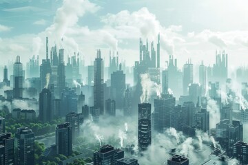 Futuristic Cityscape with High-Rise Buildings and Haze. 