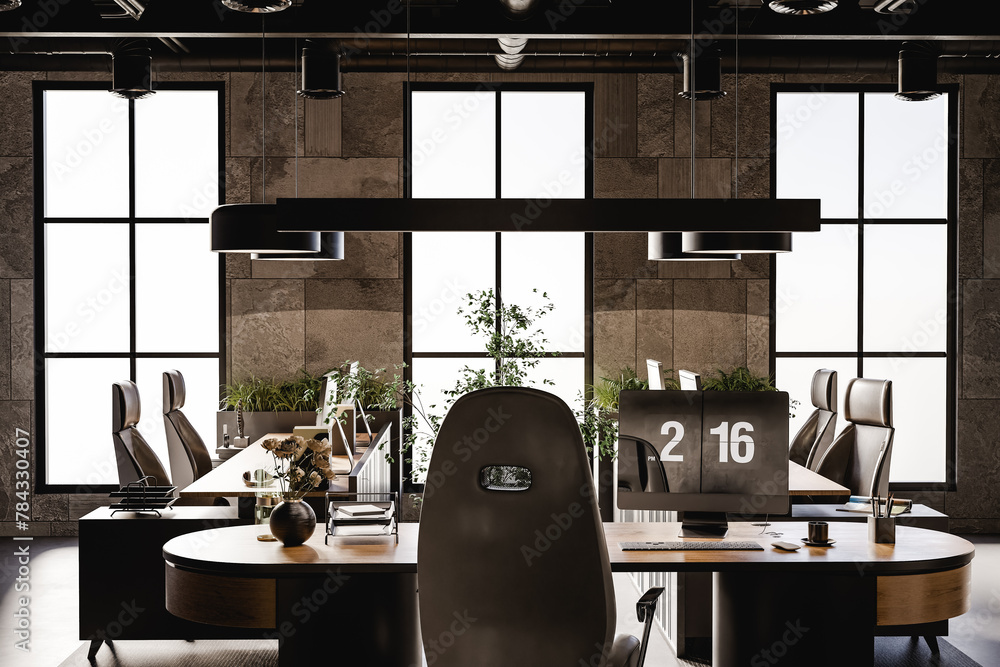 Aufkleber 3d render of empty modern office with computers and furniture