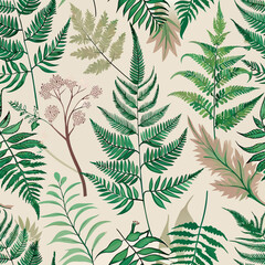 Botanical Print with Delicate Ferns, Greenery Illustration, Nature Background