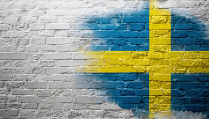 Flag of Sweden painted on brick wall, highly detailed textured background. copy space for your text
