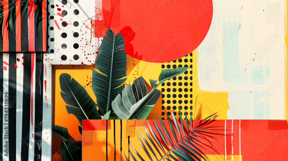 Aufkleber a colorful collage of shapes and patterns with a palm tree in the center. the image is abstract and 
