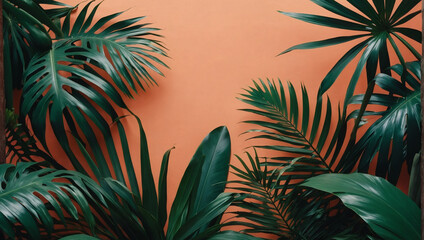 Fototapeta na wymiar Exotic and lively tropical background adorned with brilliantly painted palm leaves, setting the stage for a minimalist fashion summer theme. Ideal for flat lay arrangements.