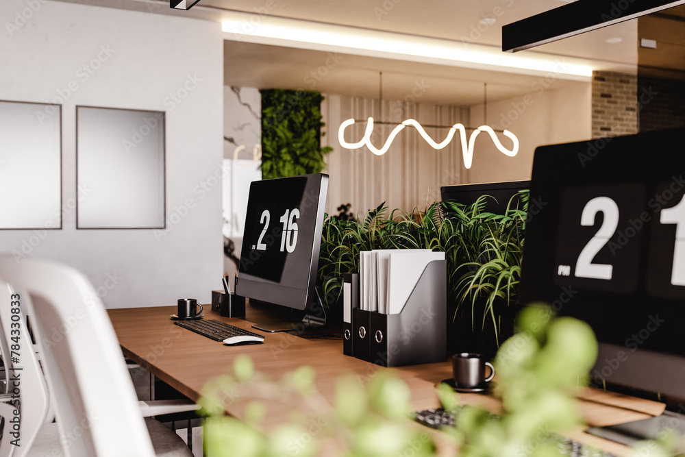 Poster 3d render of empty modern office with computers and furniture