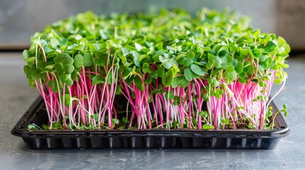 Tray with radish microgreens, ready for slicing and packaging