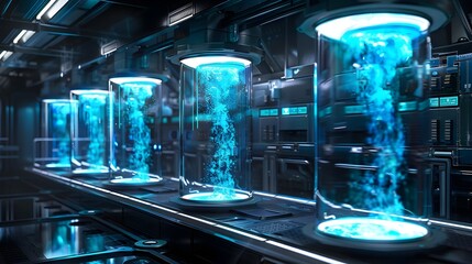 Futuristic Alien Laboratory with Glowing Blue Liquid Filled Glass Tanks and Advanced Digital Technology
