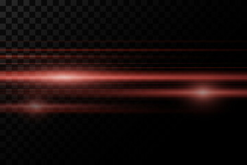 Red line of speed and light. Horizontal flare, glowing effect. On a transparent background.