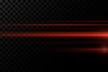 Red line of speed and light. Horizontal flare, glowing effect. On a transparent background.