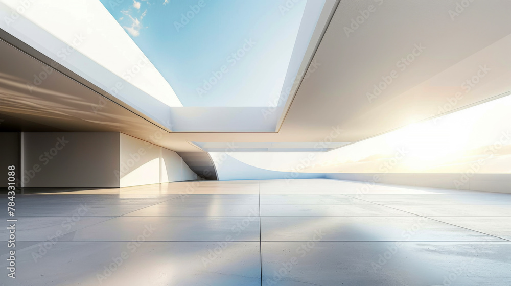 Poster futuristic architecture building background with empty wide space floor, concrete floor car showing 