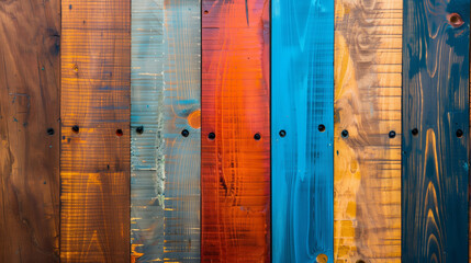 A colorful wooden board with a blue stripe. colorful wood texture background, showcasing a diverse array of hues and tones to add warmth and vibrancy to any design. Colorful wooden wallpaper