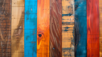 A colorful wooden board with a blue stripe. colorful wood texture background, showcasing a diverse array of hues and tones to add warmth and vibrancy to any design. Colorful wooden wallpaper