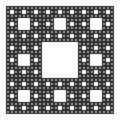 Sierpinski carpet, plane fractal, sixth step. Starting with a square, cut into 9 congruent subsquares, the central one removed. Same procedure then applied recursively to the remaining 8 subsquares. - 784331287