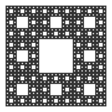 Sierpinski carpet, plane fractal, sixth step. Starting with a square, cut into 9 congruent subsquares, the central one removed. Same procedure then applied recursively to the remaining 8 subsquares.