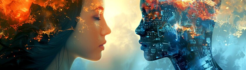 A digital artwork contrasting a serene human profile with a vividly complex artificial intelligence interface, symbolizing the merger of humanity and technology. - obrazy, fototapety, plakaty