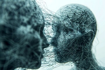 Close-up view of two human faces represented in a wireframe mesh, showcasing the intersection of art, technology, and humanity.
