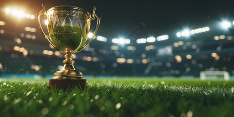 Soccer championship trophy placed on field with grand stadium vista