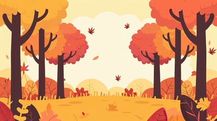 Autumn landscape illustration, fall season forest landscape in flat design
