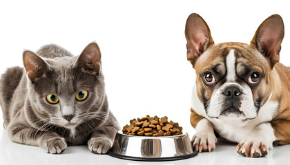 cat and dog sitting in front of bowls with food isolated on white background