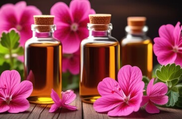 Fototapeta na wymiar Geranium essential oil with fresh geranium flowers, geranium oil spa treatments, geranium flowers