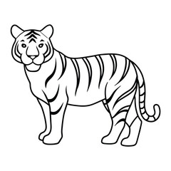Line art illustration of a tiger in black and white