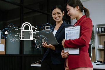 Cybersecurity and privacy concepts to protect data. Lock icon and network security technology. Man protecting personal data on smartphone tablet, virtual screen interfaces.