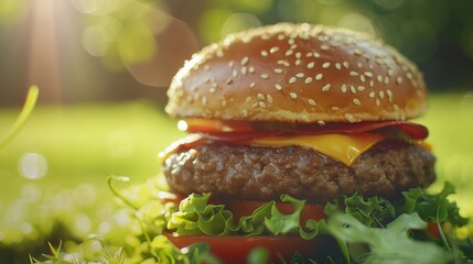 Sumptuous cheeseburger teeming with fresh greens, cheese, and a beef patty, bathed in sunlight at a park