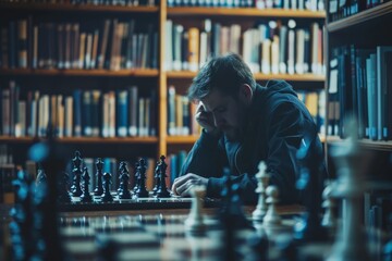 A thoughtful individual is immersed in contemplating a game of chess in a serene library setting Intellectual challenge meets tranquility - obrazy, fototapety, plakaty