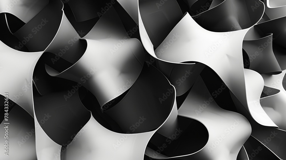 Poster dynamic abstract composition with fluid black and white shapes creating a sense of movement