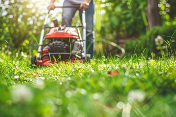 A person is mowing a vibrant green lawn with a red lawn mower, highlighting the concept of garden care and maintenance - obrazy, fototapety, plakaty