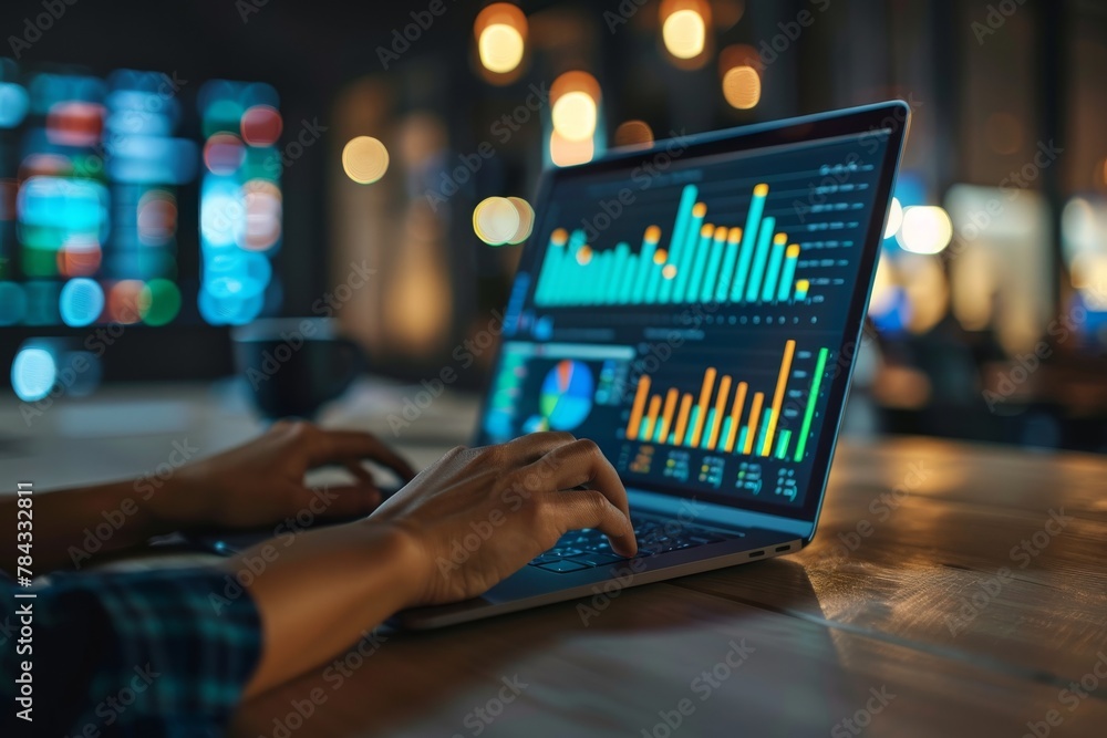 Fototapete hands on a laptop keyboard analyzing complex financial charts and graphs, signifying data analysis a