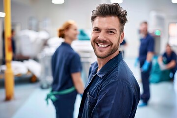 Handsome male nurse smiling confidently in a hospital with colleagues in the background