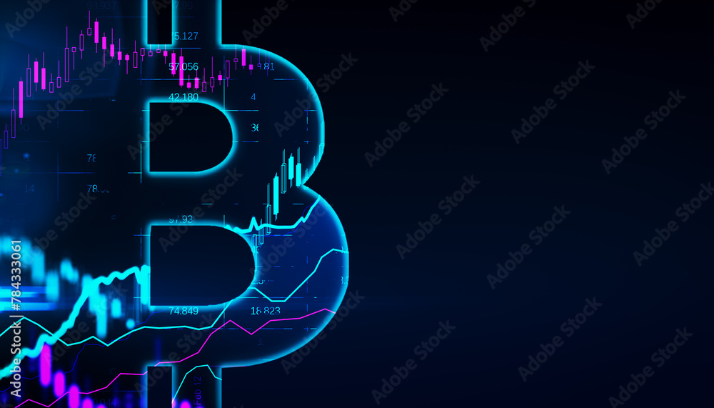 Poster creative tech bitcoin sign on dark background with mock up place. crypto, online banking, digital tr