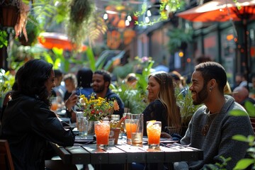 Sunny patio gathering with friends and vibrant greenery