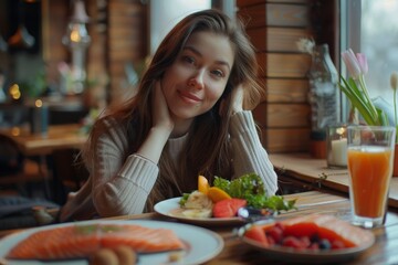 Warm smile in a cafe with a healthy meal and juice