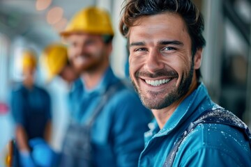 A beaming construction worker with colleagues in the background conveys teamwork and job satisfaction - obrazy, fototapety, plakaty