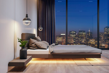 Urban bedroom with soft lighting and striking night skyline view. Modern comfort concept. 3D Rendering - obrazy, fototapety, plakaty