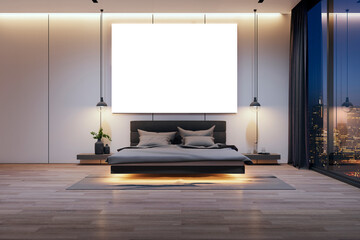 Obraz premium Spacious bedroom with centered artwork frame and cityscape view. Modern living and art concept. 3D Rendering