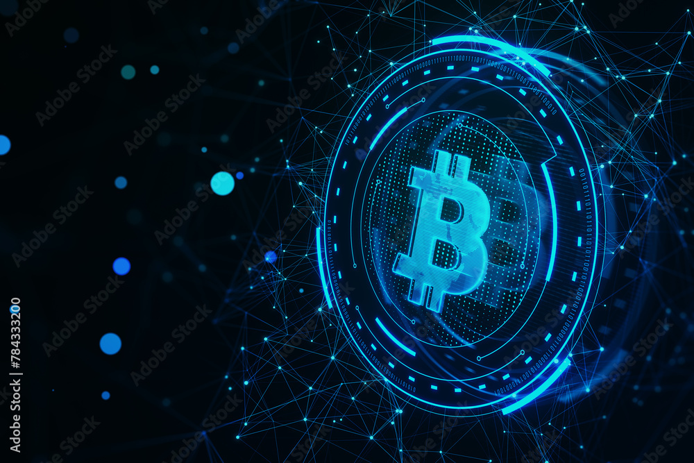 Poster creative round futuristic bitcoin sign on dark polygonal background. crypto, online banking, digital