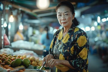 An older woman attentively sells tropical fruit in a vibrant night market setting