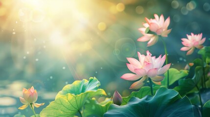 Bloom lotus with leaf under sunshine in summer. - obrazy, fototapety, plakaty