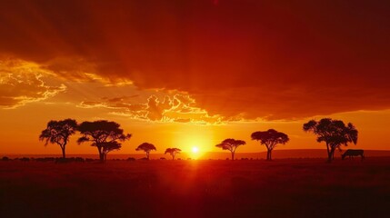 A serene sunset view over an African savannah landscape, where silhouetted trees and grazing animals are illuminated in the golden hour