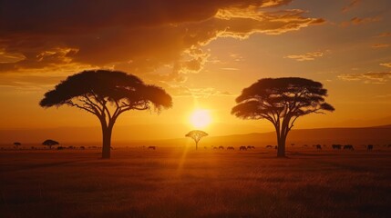 Breathtaking sunrise scene in Africa with the sun rising behind a silhouetted tree, illuminating the savannah landscape
