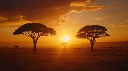 Kussenhoes Breathtaking sunrise scene in Africa with the sun rising behind a silhouetted tree, illuminating the savannah landscape © ChaoticMind