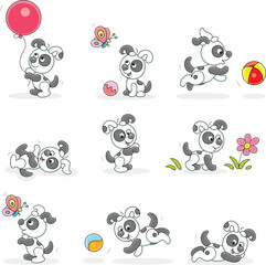 Funny little spotted black and white puppy playing with its toys on a walk in a park, set of vector cartoon illustrations on a white background