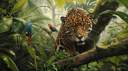 A realistic depiction of a majestic jaguar prowling through its dense jungle home, accompanied by vibrant tropical birds - obrazy, fototapety, plakaty