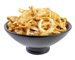 Crispy fried shallots in a black ceramic bowl isolated on white background